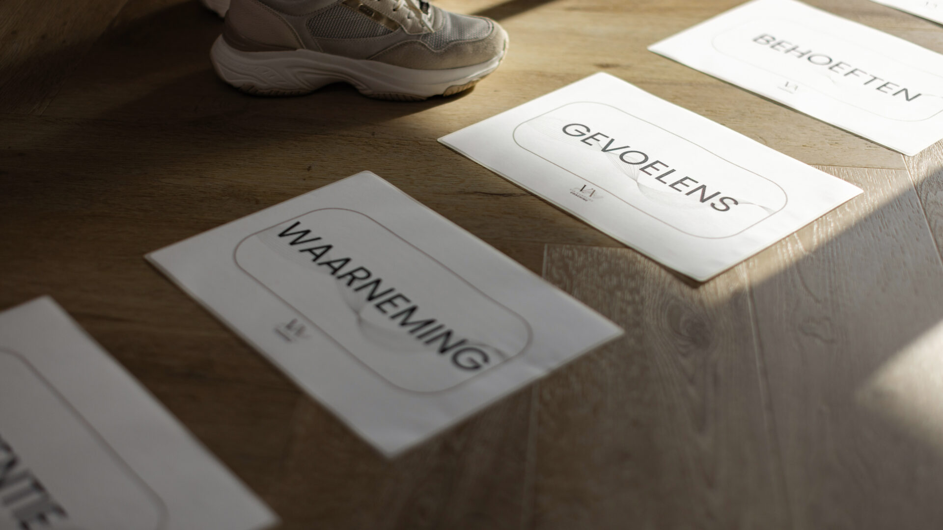 Kaarten met woorden als waarneming, gevoelens en behoeften op de vloer in een coachingruimte.