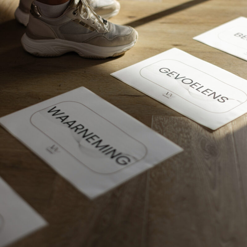 Kaarten met woorden als waarneming, gevoelens en behoeften op de vloer in een coachingruimte.